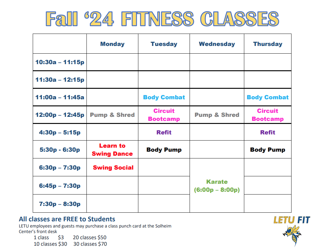 Fall 2024 Fitness Class Schedule